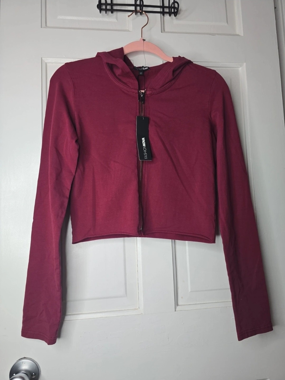 Fashion Nova Burgundy Cropped Zip-Up Hoodie Jacket